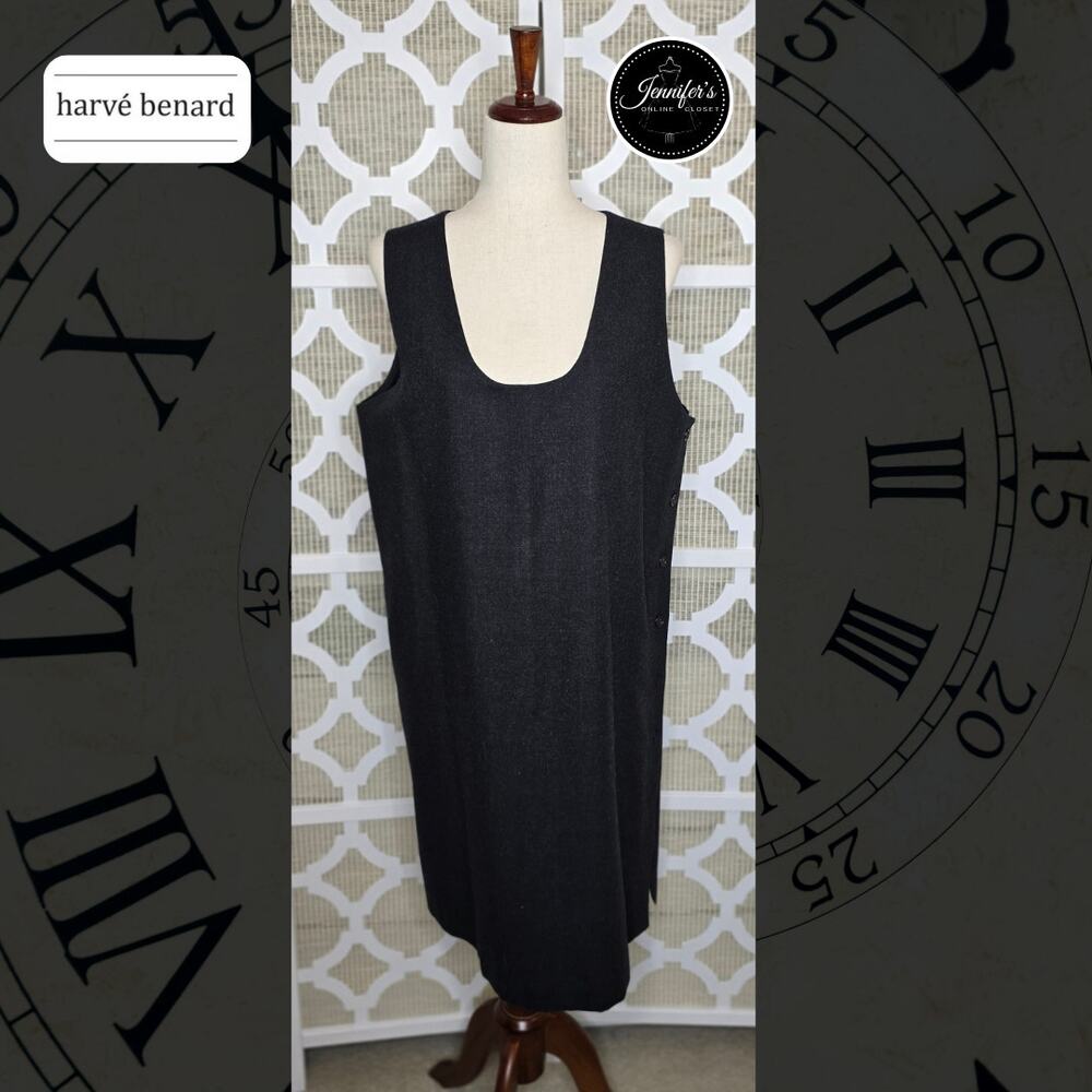Harve' Benard Vintage Charcoal 100% Wool Side Button Detail Sheath Dress Size 10
